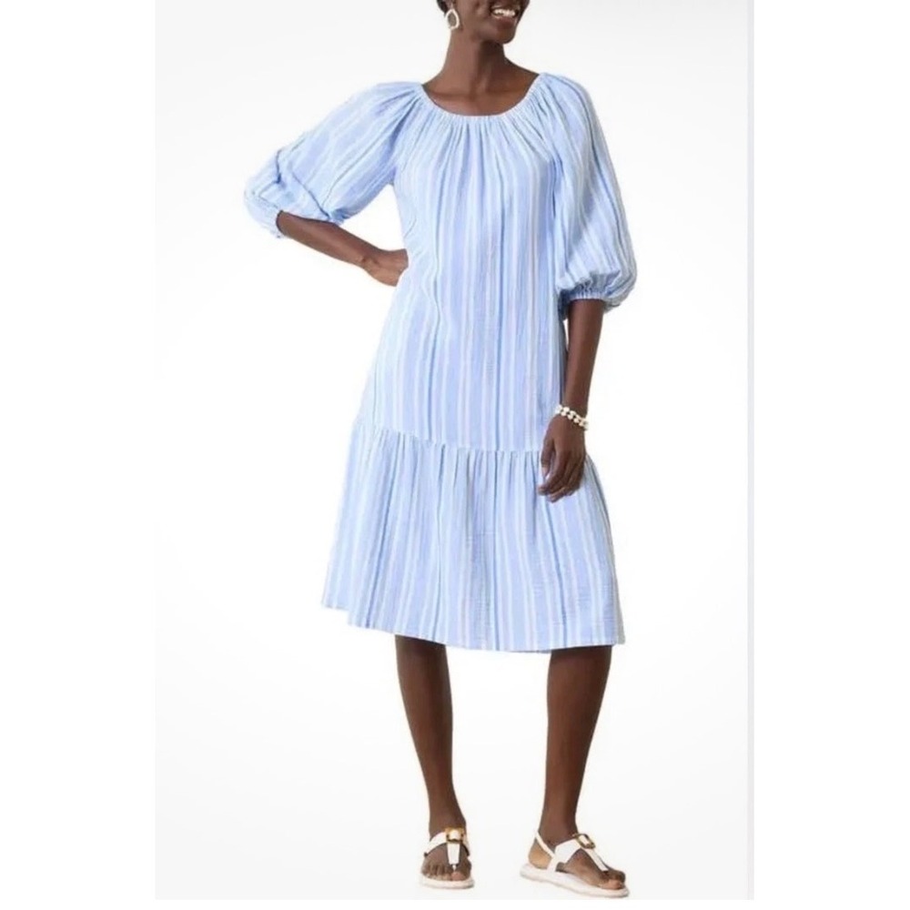 Tommy‎ Bahama Villa Solstice Blue White Striped Island Gauze Midi Dress Womens M